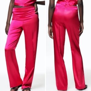 Zara satin effects high rise fushia pink straight leg pants -xs